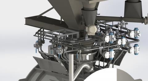 IVS Dosing Technology 3D animatie : vloeistofverdelers en coater door tekenaars gemaakt.